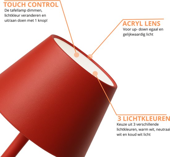 Sven – Tafellamp – Oplaadbaar – Voor Binnen & Buiten – 36 cm – Rood