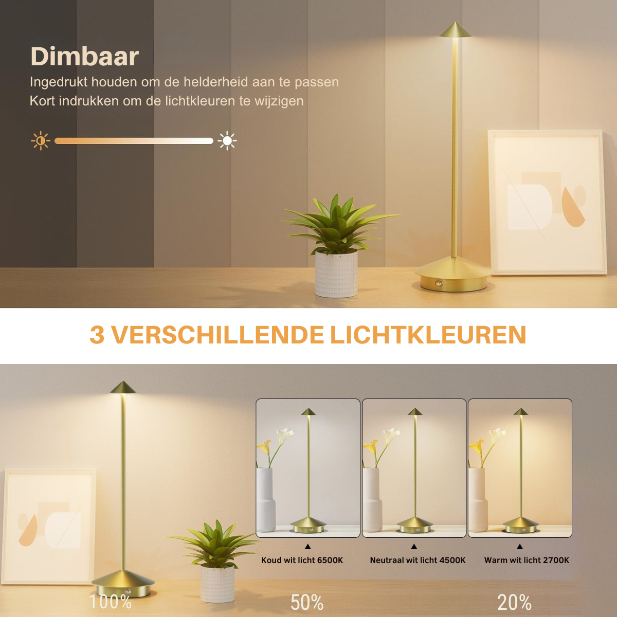 Finn – Tafellamp – Oplaadbaar – Voor Binnen & Buiten – 29 cm – Goud