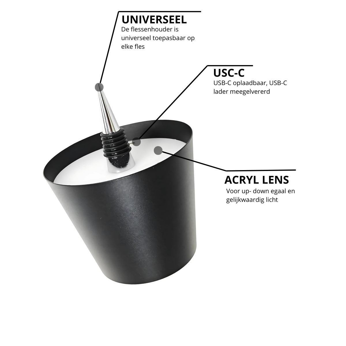 Aura – Tafellamp – Flessenlamp - Oplaadbaar – Voor Binnen & Buiten – Zwart