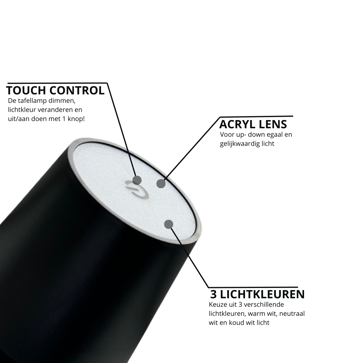 Aura – Tafellamp – Flessenlamp - Oplaadbaar – Voor Binnen & Buiten – Zwart